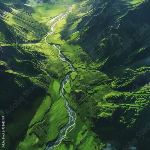 Beautiful landscape from a bird's eye view. Aerial photography. The river wanders between the woods. High resolution