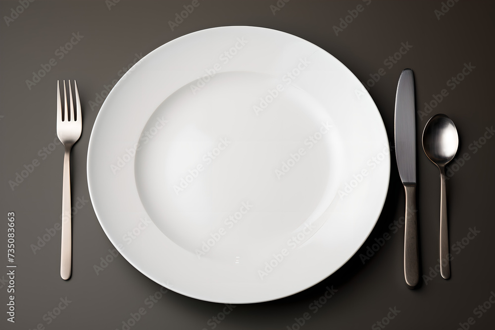 Minimalist table setting arrangement, white plate with fork, knife, spoon, Dining Concept Art, Generative AI. Minimalist table setting arrangement, white plate with fork, knife, spoon, Dining Concept Art, Generative AI.