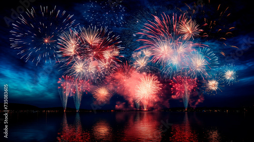 a fireworks display in the sky over a lake