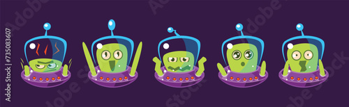 Funny Green Alien in Ufo Shuttle with Antenna Vector Set