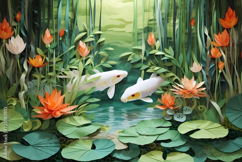 A paper art interpretation of a tranquil pond in a bamboo forest, with finely crafted koi fish, lily pads, and reflections creating a serene and meditative atmosphere. photo