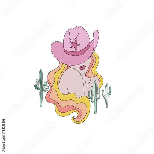 Groovy cowgirl with long curly blond hair style in a pink sheriff hat among cactus vector illustration isolated on white. Retro disco 60s 70s 80s wild west fashion print poster postcard design. 