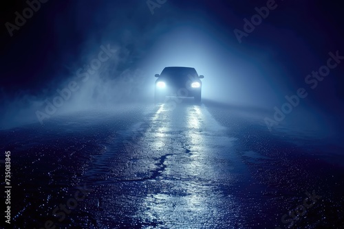 Escape car. Midnight road or alley with a car driving away in the distance. Wet hazy asphalt road or alley. crime, midnight activity concept.