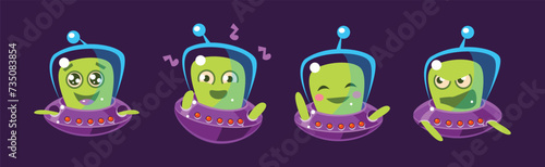 Funny Green Alien in Ufo Shuttle with Antenna Vector Set