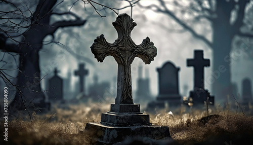 Horror concept.A cross in the old cemetery at night,a grave on a dark background.dry tree branches.