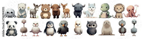 Collection of Sixteen Diverse Baby Animals Including a Bear, Deer, Buffalo, Wolf, Lion Cub, and More, Illustrated in a Cute