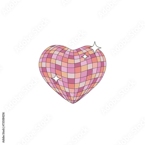 Groovy sparkling heart shape mirror disco ball vector illustration isolated on white. Retro party 60s 70s 80s cowgirl disco print poster postcard design.