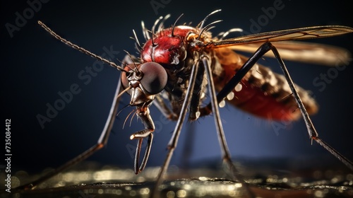 Close-up of a mosquito in nature. Insects, pests that spread Viruses and diseases such as malaria, Leishmaniasis, encephalitis, yellow fever, dengue fever. © liliyabatyrova