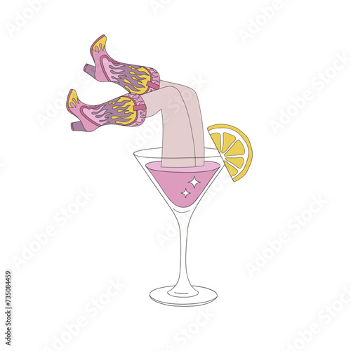 Groovy cosmopolitan cocktail with woman legs in cowgirl shoes inside vector illustration isolated on white. Wild west disco retro party 60s 70s 80s print poster postcard design.