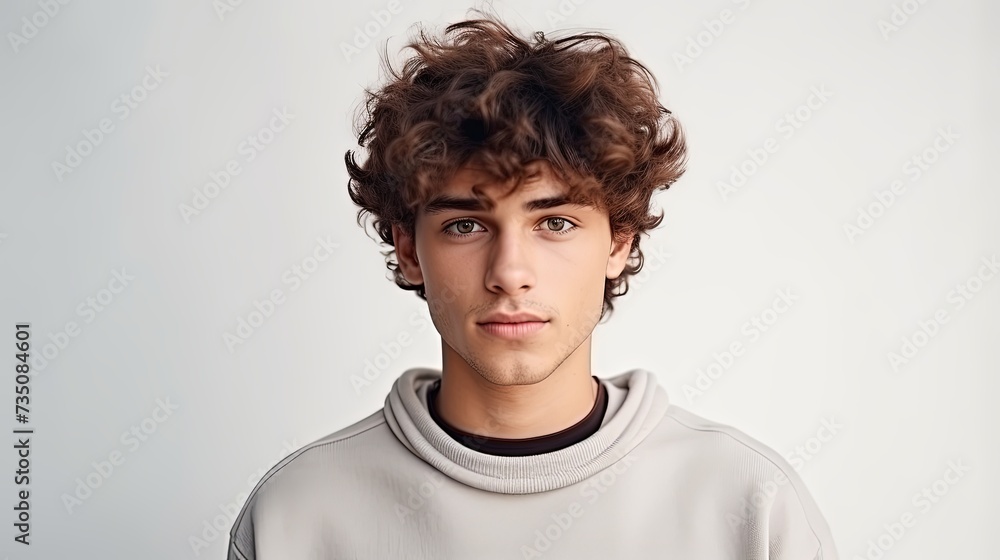 Obraz premium Close up shot of curly European male with little beard, wears casual sweater, isolated over white concrete wall, listens attentively interlocutor. Handsome teenager boy with crisp dark hair