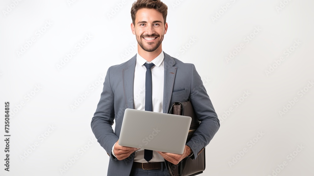Confident business professional, handsome confident young man in shirt and tie holding laptop and smiling while standing against white background Confident business professional, handsome confident young man in shirt and tie holding laptop and smiling while standing against white background