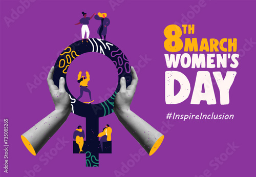 Women together on female symbol and hands in collage vector illustration