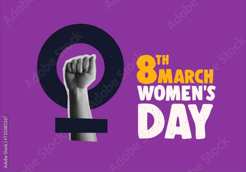 Women Day 8th March feminist power sing retro collage vector illustration