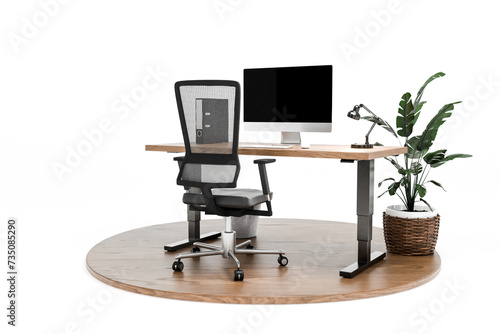 single pc workspace wth hight adjustable desk; with green indoor plant on wooden podest, isolated on infinite background; home office concept; 3D rednering