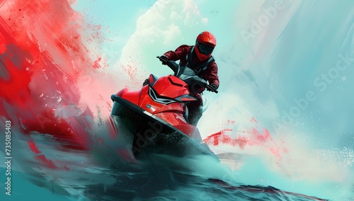 Action-packed jet ski adventure on dynamic red and blue waves. extreme watersports excitement. ideal for advertisement. AI photo