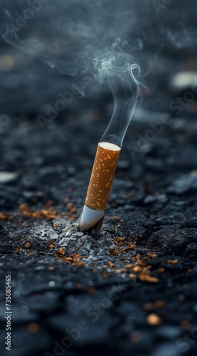 A smoking cigarette with smoke in the ground, featuring tilt-shift photography and otherworldly realism in dark gray, gold, and blue.