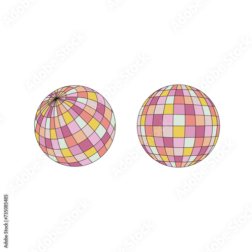Groovy sparkling mirror disco ball vector illustration set isolated on white. Retro party 60s 70s 80s cowgirl disco print collection.