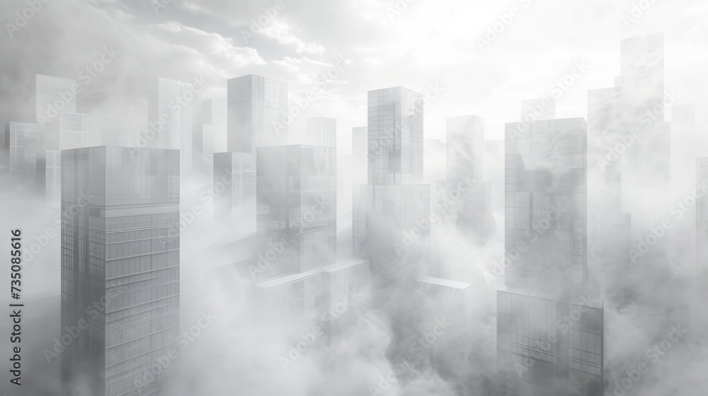 Naklejka premium The clouds and buildings of a city, made of mist, as part of a minimalist geometric abstraction, cubo-futurism, conceptual installation, and photorealistic elements.