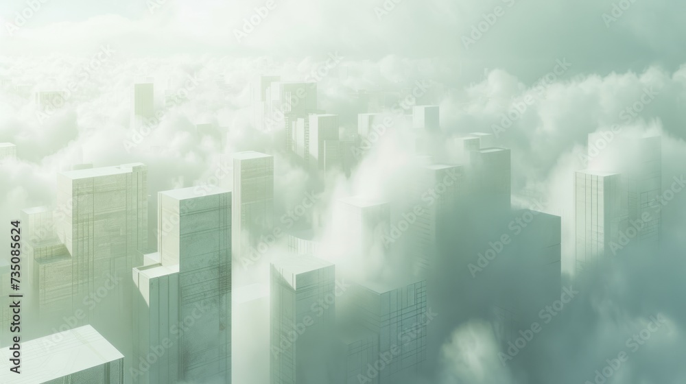 The clouds and buildings of a city, made of mist, as part of a minimalist geometric abstraction, cubo-futurism, conceptual installation, and photorealistic elements. The clouds and buildings of a city, made of mist, as part of a minimalist geometric abstraction, cubo-futurism, conceptual installation, and photorealistic elements.