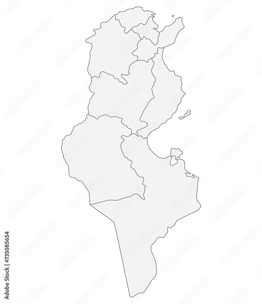 Tunisia map. Map of Tunisia in four main regions in white color