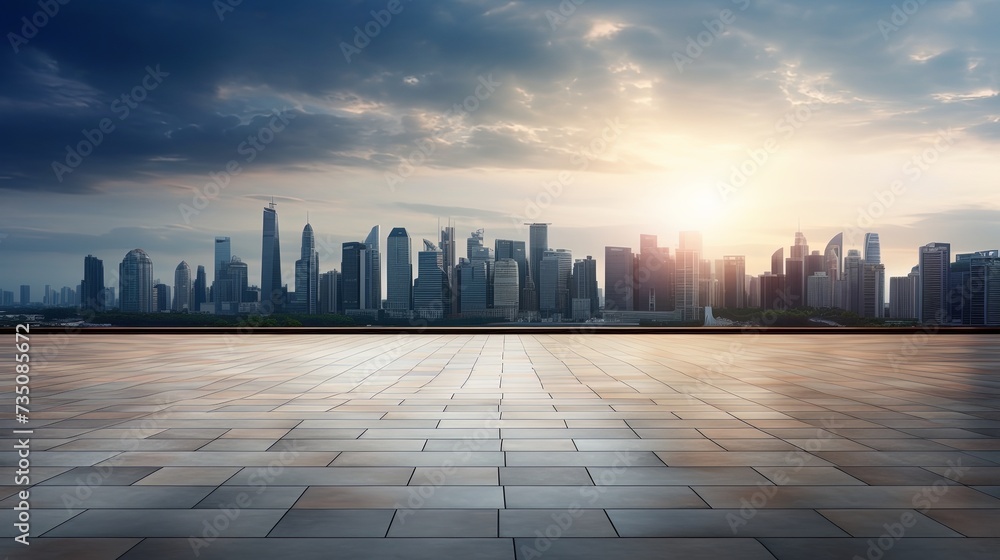 Empty square floor and city skyline with building background Empty square floor and city skyline with building background