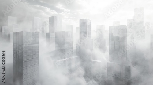 The clouds and buildings of a city, made of mist, as part of a minimalist geometric abstraction, cubo-futurism, conceptual installation, and photorealistic elements. © Duka Mer