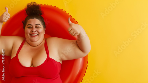 Mulher gorda plus size vestindo maiô vermelho e segurando uma bóia salva-vidas com o polegar para cima em fundo amarelo photo