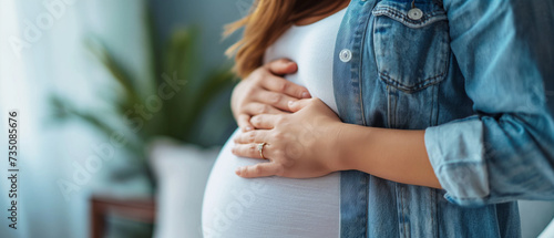 Mulher grávida tocando sua barriga em fundo azul, closeup photo
