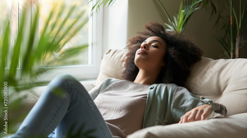 Mulher afro-americana relaxada com os olhos fechados, deitada no sofá em casa