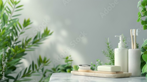 Elegant bathroom accessories on marble countertop with greenery. perfect for wellness spa. clean and modern design. the image conveys freshness and cleanliness. AI