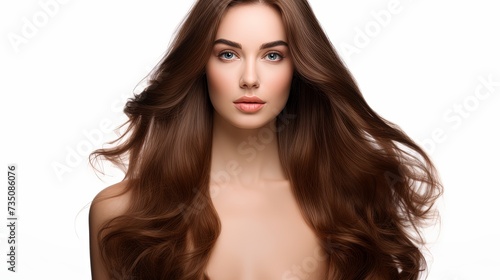 Hair. Beauty Fashion Model Woman touching her Long and Healthy Brown Hair. Beauty Brunette Girl isolated on white background