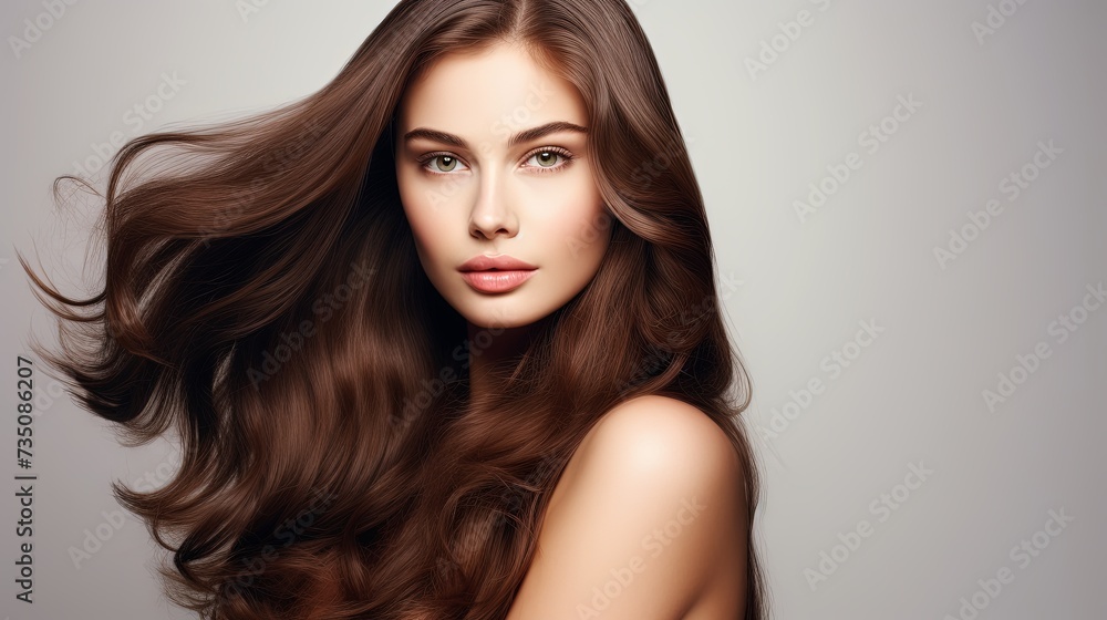 Fototapeta premium Hair. Beauty Fashion Model Woman touching her Long and Healthy Brown Hair. Beauty Brunette Girl isolated on white background