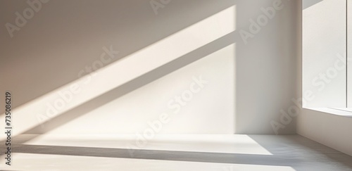A white window in white color' with the shadow of sunlight, featuring minimalist lines, tabletop photography, minimalist expressionism, a light and airy style, and dusty piles.
