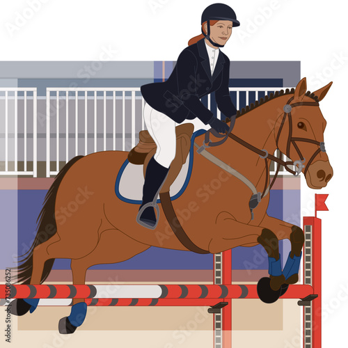 equestrian show jumping, female rider guiding her horse jumping over an obstacle with arena in the background