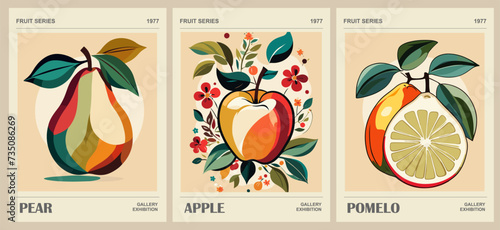 Set of abstract Fruit Market retro posters. Trendy kitchen gallery wall art with apple  pear  pomelo fruits. Modern naive groovy funky interior decorations  paintings. Vector art illustration.