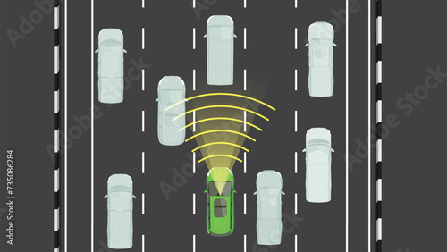 illustration top view flat color of car vehicle high end sensor radar autonomous system technology