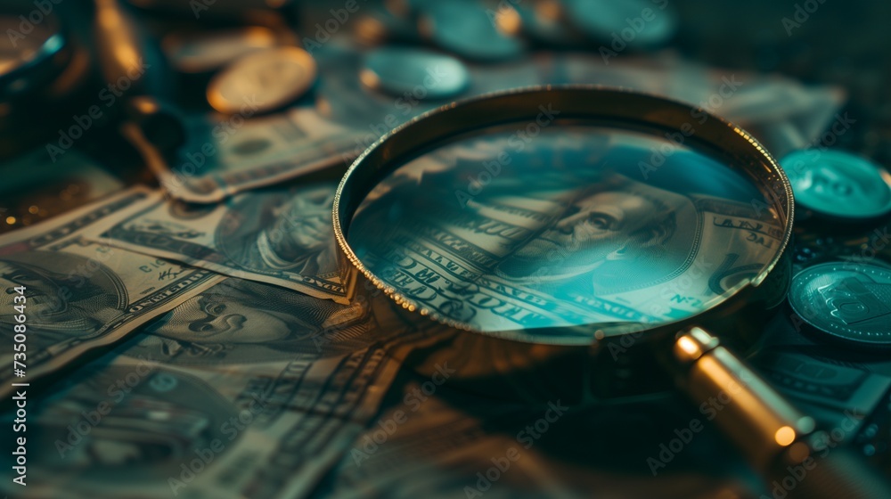 magnifying glass over banknotes and coins. concept of studying investments magnifying glass over banknotes and coins. concept of studying investments