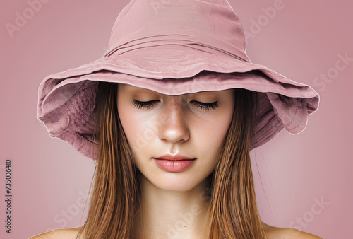 A young woman on a pink background wearing a pink face hat, featuring hyperrealism and photorealism, wrapped elements, and a luminous palette in light indigo, light bronze, and beige. photo