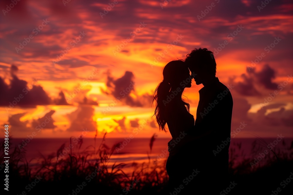 Captivating sunset silhouette featuring a couple deeply in love, a perfect symbol of romance and togetherness.