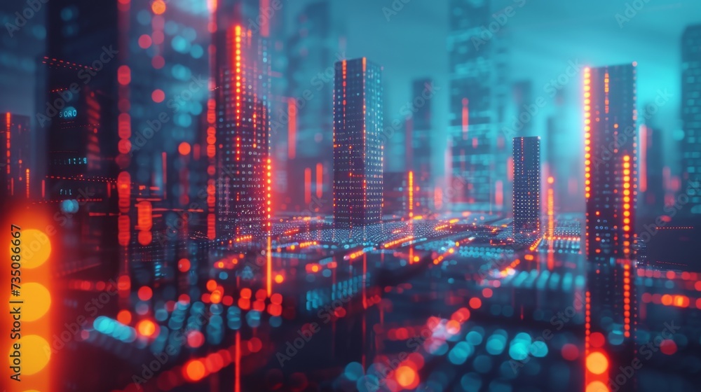 Digital artwork of a cityscape, with buildings represented by glowing points of light and data streams, symbolizing a networked urban environment, abstract digital cityscape with glowing data points.