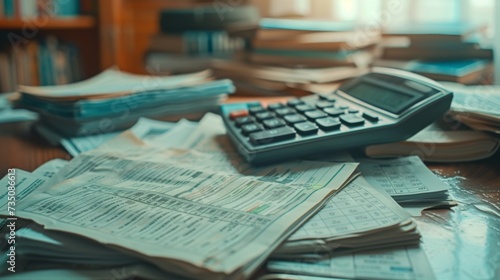 An overflowing desk with a calculator, piles of paperwork, and financial documents, depicting the intensity and overwhelm of accounting work, accounting work overwhelm with calculator and papers.