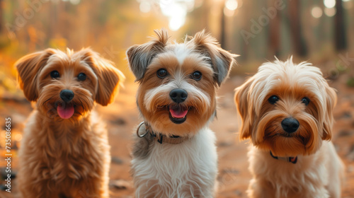 cute happy the dogs sit side by side on the spring green grass and look loyally up at their owner. happy dogs running towards viewer nature. adorable small dogs playing outdoors together. 