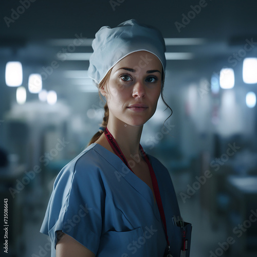 Female Medical Worker Wearing and Gear Against Dark Background. portrait of a doctor, nurse, medical worker in uniform