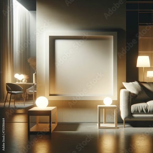 A mockup minimalist white square picture frame placed in a living room at night. The room is illuminated by the soft glow of table lamps  with shadows castin