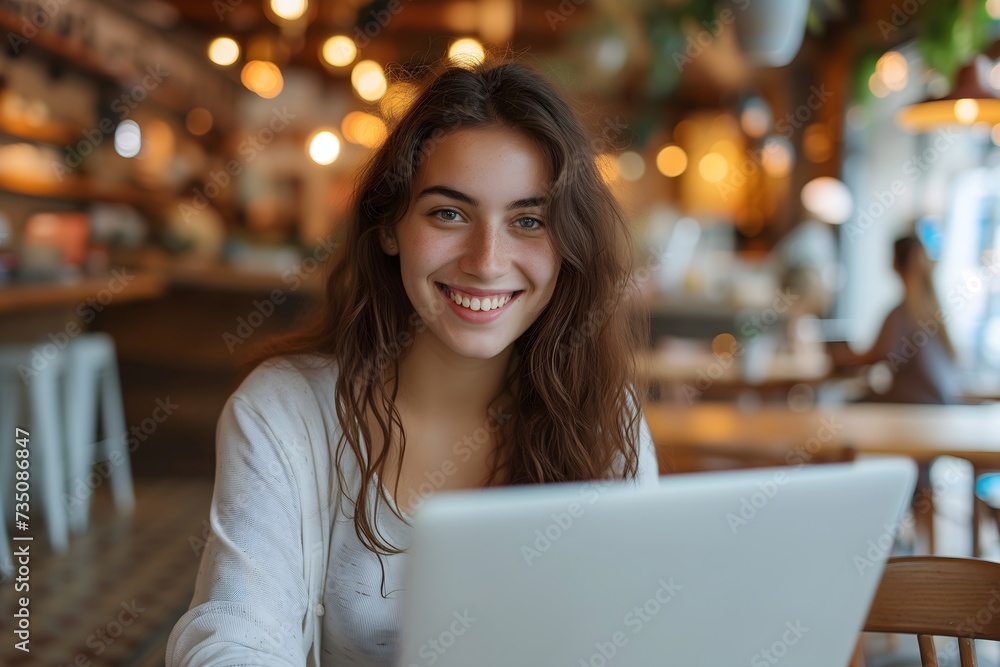 Elevate your visual projects with an image of a happy young woman immersed in her online tasks, bringing energy and warmth to a cafe scene filled with productivity. Elevate your visual projects with an image of a happy young woman immersed in her online tasks, bringing energy and warmth to a cafe scene filled with productivity.