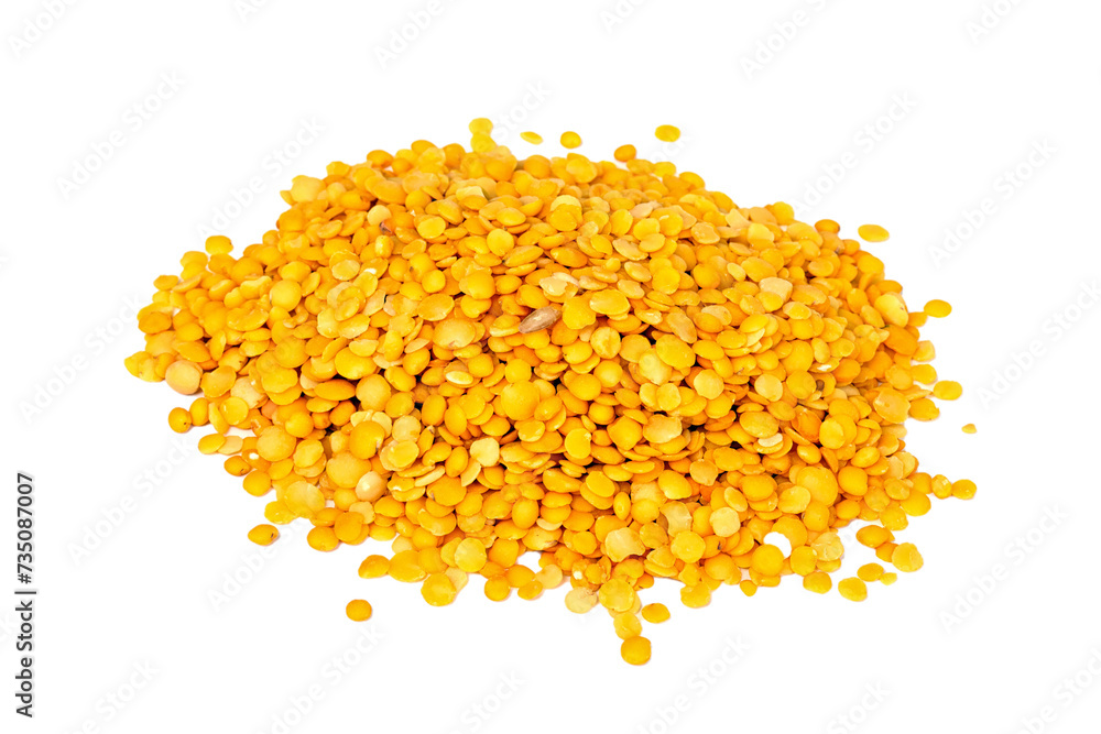 Yellow lentils isolated on white background.Macro shot.
