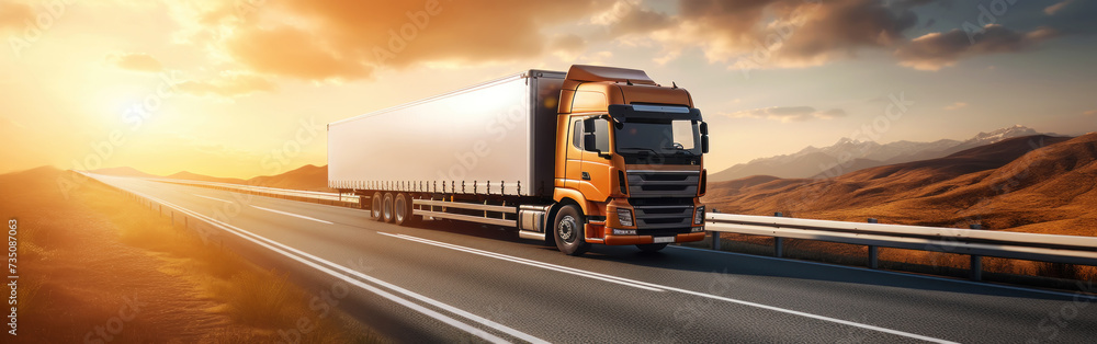 Panoramic view on large truck on a highway road through the countryside in a beautiful sunrise. Generative AI Panoramic view on large truck on a highway road through the countryside in a beautiful sunrise. Generative AI