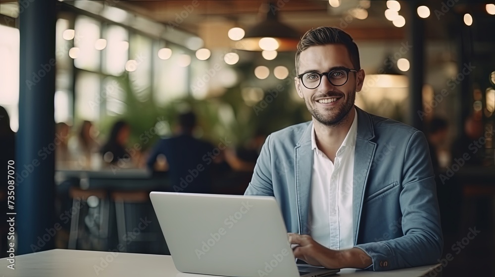Fototapeta premium Horizontal portrait of handsome businessman sitting at the table working with laptop looking at the camera and happy smiling in office background