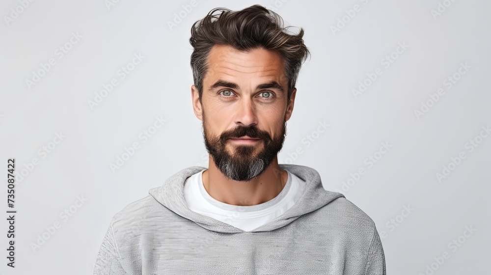 Isolated shot of young handsome male with beard, mustache and trendy hairdo, wears casual grey sweater, has serious expression as listens to interlocutor, poses in studio against white background Isolated shot of young handsome male with beard, mustache and trendy hairdo, wears casual grey sweater, has serious expression as listens to interlocutor, poses in studio against white background