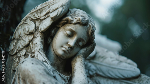 An angelic statue with a broken wing and a grieving expression resting her head on her hand as if lost in thought.